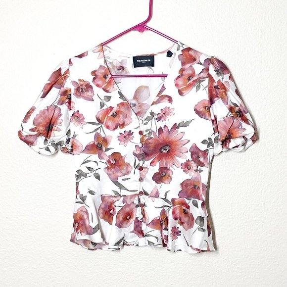 The Kooples Tops - The Kooples Printed Ecru Top 1 Small Floral Motif Peplum Gathered Puff Sleeves